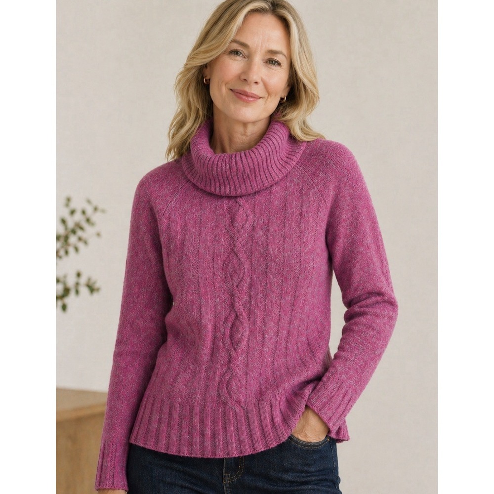 Talbots Womens Cowl Neck Wool Fisherman Cable Knit Sweater Size S Speckled Pink